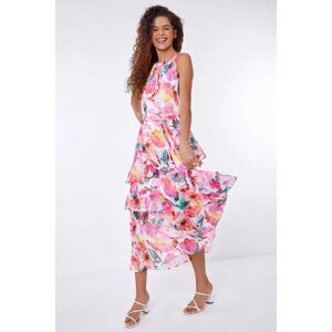 Roman Floral Print Chiffon Frill Midi Dress in Pink 20 female