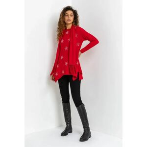 Roman Star Print Knitted Tunic with Tassel Scarf in Red 10 female