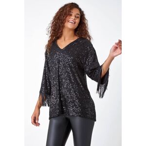 Roman Sequin Tassel Detail Tunic Stretch Top in Black 10 female