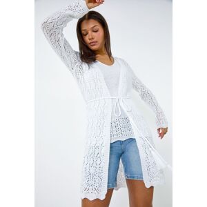 Roman Pointelle Knit Longline Tie Detail Cardigan in White 14 female