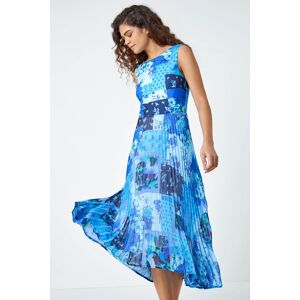 Roman Mixed Floral Print Pleated Midi Dress in Blue 18 female