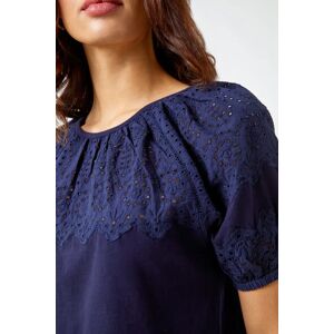 Roman Cotton Broderie Puff Sleeve Top in Navy 10 female