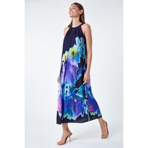 Roman Abstract Floral Pleat Detail Trapeze Dress in Navy - Size 14 14 female