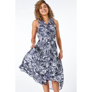 Roman Petite Petite Contrast Floral Print Hanky Hem Dress in Navy 10 female