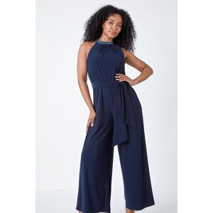 Roman Petite Beaded Wide Leg Halterneck Stretch Jumpsuit in Navy 16 female