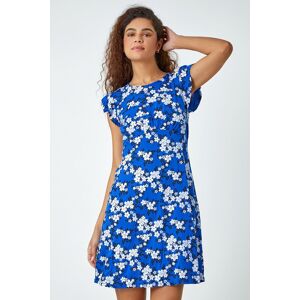 Roman Floral Print Frill Sleeve Stretch Dress in Royal Blue - Size 14 14 female