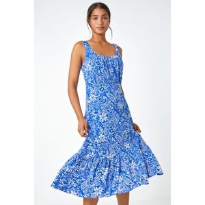 Roman Floral Frill Hem Stretch Midi Dress in Royal Blue - Size 14 14 female