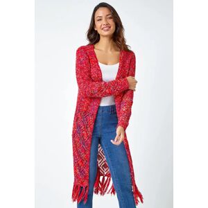 Roman Fringed Hem Mixed Yarn Longline Cardigan in Red 10 female