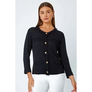 Roman Button Detail Fringe Knit Jacket in Black 18 female