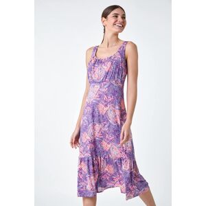 Roman Paisley Frill Hem Stretch Midi Dress in Purple - Size 14 14 female