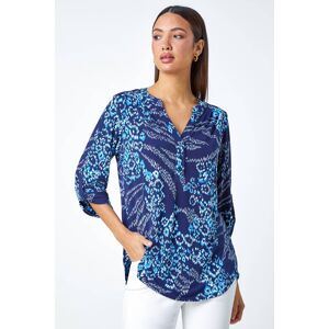 Roman Textured Animal Print Stretch Shirt in Blue 10 female