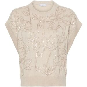 Brunello Cucinelli , Embroidered Floral Sweater ,Beige female, Sizes: S