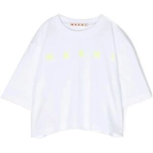 Marni , White Cropped T-shirt with Fluorescent Yellow Logo Embroidery ,White female, Sizes: 8 Y