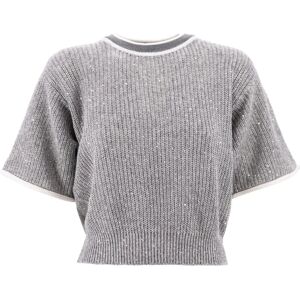 Brunello Cucinelli , Grey Linen Blend Sweater with Contrasting Border ,Gray female, Sizes: M