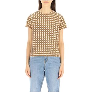 Tory Burch , 3D Checkered Logo T-Shirt ,Beige female, Sizes: XS, S