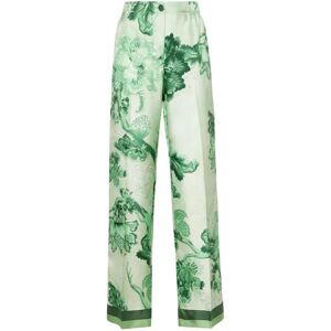 F.r.s For Restless Sleepers , Green Floral Print Silk Trousers ,Green female, Sizes: XS, S, L