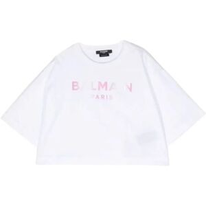 Balmain , White Cropped T-shirt with Pink Logo ,White female, Sizes: 8 Y