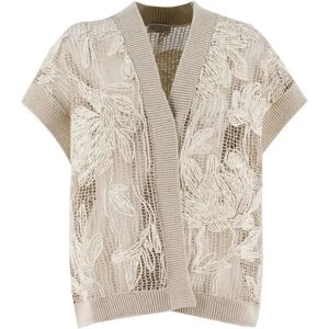 Brunello Cucinelli , Floral Embroidered Short-Sleeved Cardigan ,Beige female, Sizes: M, S