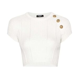 Balmain , 3-Button open-knit cropped top ,White female, Sizes: S, XS