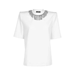 Amen , Ribbed Crew Neck T-Shirt with Crystal and Bead Necklace Effect ,White female, Sizes: XS, 2XS, S