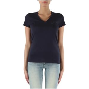 Armani Exchange , V-neck Cotton T-shirt with Logo Print ,Blue female, Sizes: L, S