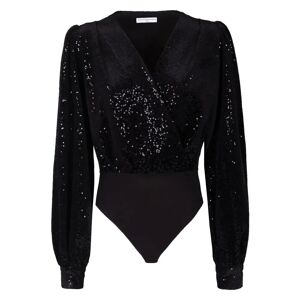 MVP wardrobe , Velvet Sequin Bodysuit with Ruffled Sleeves ,Black female, Sizes: S, M, XS, 2XS