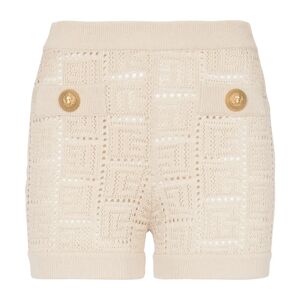 Balmain , Monogrammed openwork knit mini shorts ,Beige female, Sizes: M