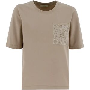 Panicale , Embroidered Crew Neck T-shirt ,Beige female, Sizes: L, XS, M