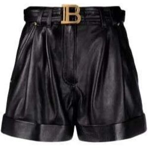 Balmain , Logo-Buckle Leather Shorts with Gold-Tone Hardware ,Black female, Sizes: 2XS