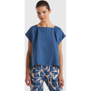 United Colors of Benetton Benetton, Square Neck Blouse In Pure Linen, Air Force Blue, Women