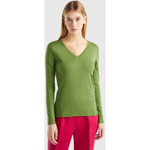 United Colors of Benetton Benetton, Long Sleeve T-shirt With V-neck, Military Green, Women