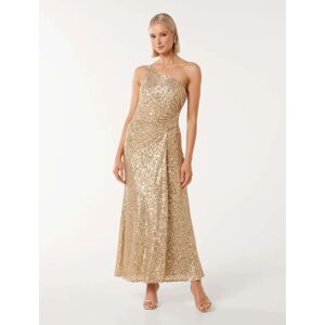 Forever New Women's Carolyn Sequin Asymmetrical Gown in Soft Gold, Size 6 Polyester/Elastane/Polyester