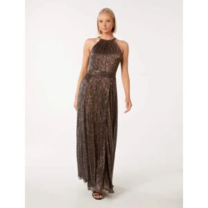 Forever New Women's Brady Plisse Halter Midi Dress in Bronze, Size 6 Metallised fibre/Polyester