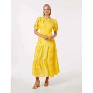 Forever New Women's Lottie Broderie Midi Dress in Aspen Gold, Size 16 Linen/Cotton/Polyester