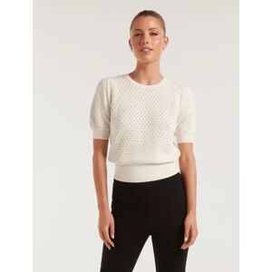 Forever New Women's Josie Petite Pointelle Knit Tee Shirt in Cream, Size X-Small 100% Cotton