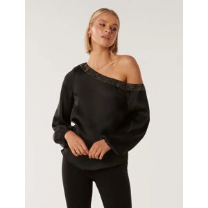 Forever New Women's Anya Asymmetrical-Neck Embellished Top in Black, Size 16 100% Polyester