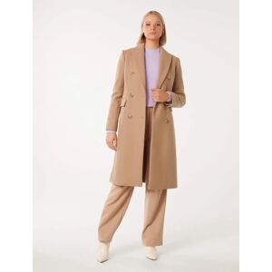 Forever New Women's Mila Longline Button Coat in Dark Camel, Size 16 Polyester/Acrylic/Wool