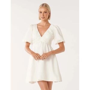 Forever New Women's Raffy V-Neck Mini Dress in Porcelain, Size 14 Viscose/Linen/Viscose