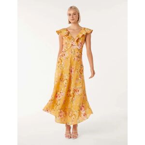 Forever New Women's Haisley Flounce Midi Dress in Golden Evora Floral, Size 16 Linen/Viscose