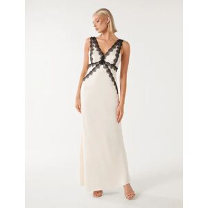 Forever New Women's Amelia Lace Trim Satin Dress in Ivory /Black, Size 12 Polyester/Viscose/Polyester