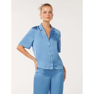 Forever New Women's Mercedes Short Sleeve Satin Shirt in Dusk Blue Co-ord, Size 6 100% Polyester