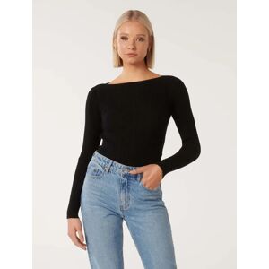 Forever New Women's Evie Long Sleeve Rib Knit Top in Black, Size Large Viscose/Polyamide/Elastane