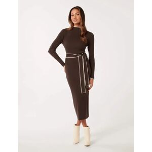 Forever New Women's Ariella Petite Knit Midi Dress in Chocolate Tipped, Size 14 Viscose/Polyester/Polyamide