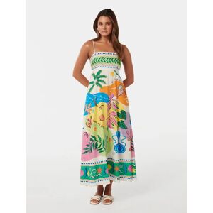 Forever New Women's Amari Midi Dress in Las Palmes Collage, Size 16 Linen/Viscose/Viscose