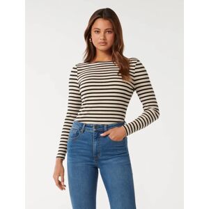 Forever New Women's Brie Striped Boat Neck Long Sleeve Top in Oatmeal/Black, Size Medium Viscose/Elastane