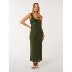 Forever New Women's Etta Tie Detail Midi Dress in Vinyard Green, Size 16 Linen/Viscose/Cotton