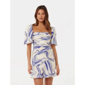 Forever New Women's Abigail Printed Puff-Sleeve Mini Dress in Blue Sahara Marble, Size 16 Linen/Polyamide/Viscose