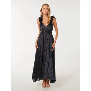 Forever New Women's Selena Plisse Ruffle-Shoulder Maxi Dress in Navy, Size 8 Polyester/Metallic fibre/Polyester