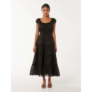 Forever New Women's Tuscany Petite Trim Detail Midi Dress in Black, Size 6 Ramie/Viscose/Cotton