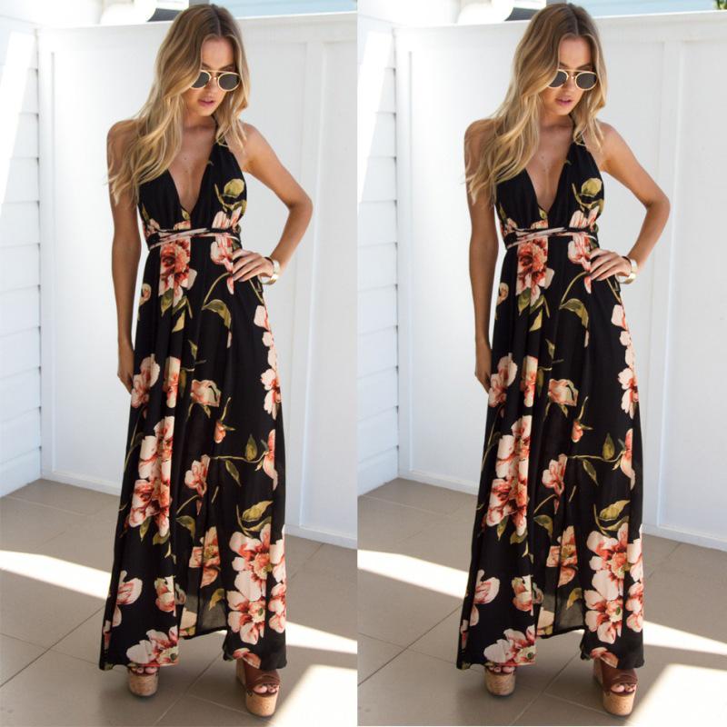 Dozw Summer dress  Floral Vestidos Mujeres Sexy Maxi Dress Long Pleated Dresses Backless robe femme robe longue evenning-dress